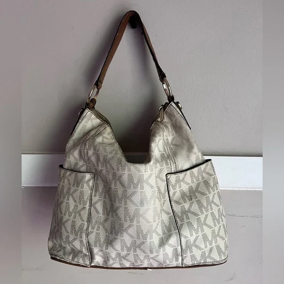 Michael Kors Beige and Brown MK Monogram Shoulder Bag - Picture 2 of 3